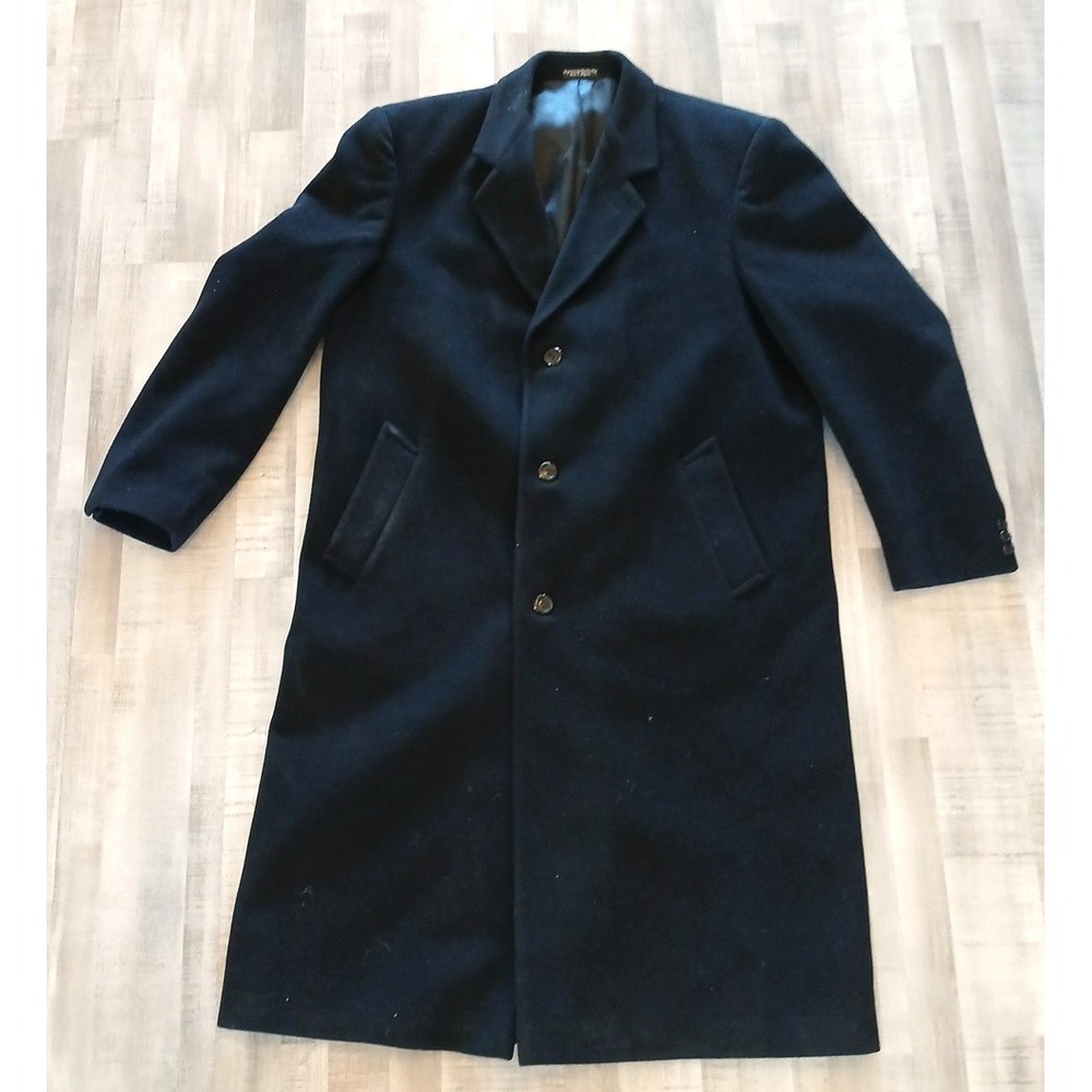 VTG Silver Cloud Mens Black Full Length Coat Wool Cashmere Blend Size 44 L